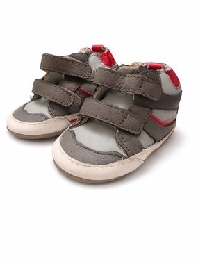 Robeez Baby Boy grey and red high-top sneakers with double Velcro size 6-9 month